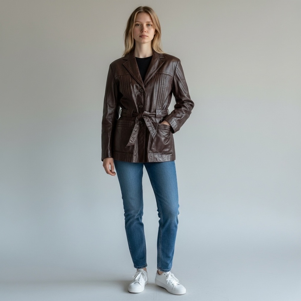 Vintage 90s/Y2K Berman’s Brown Leather Belted Jacket Size 10